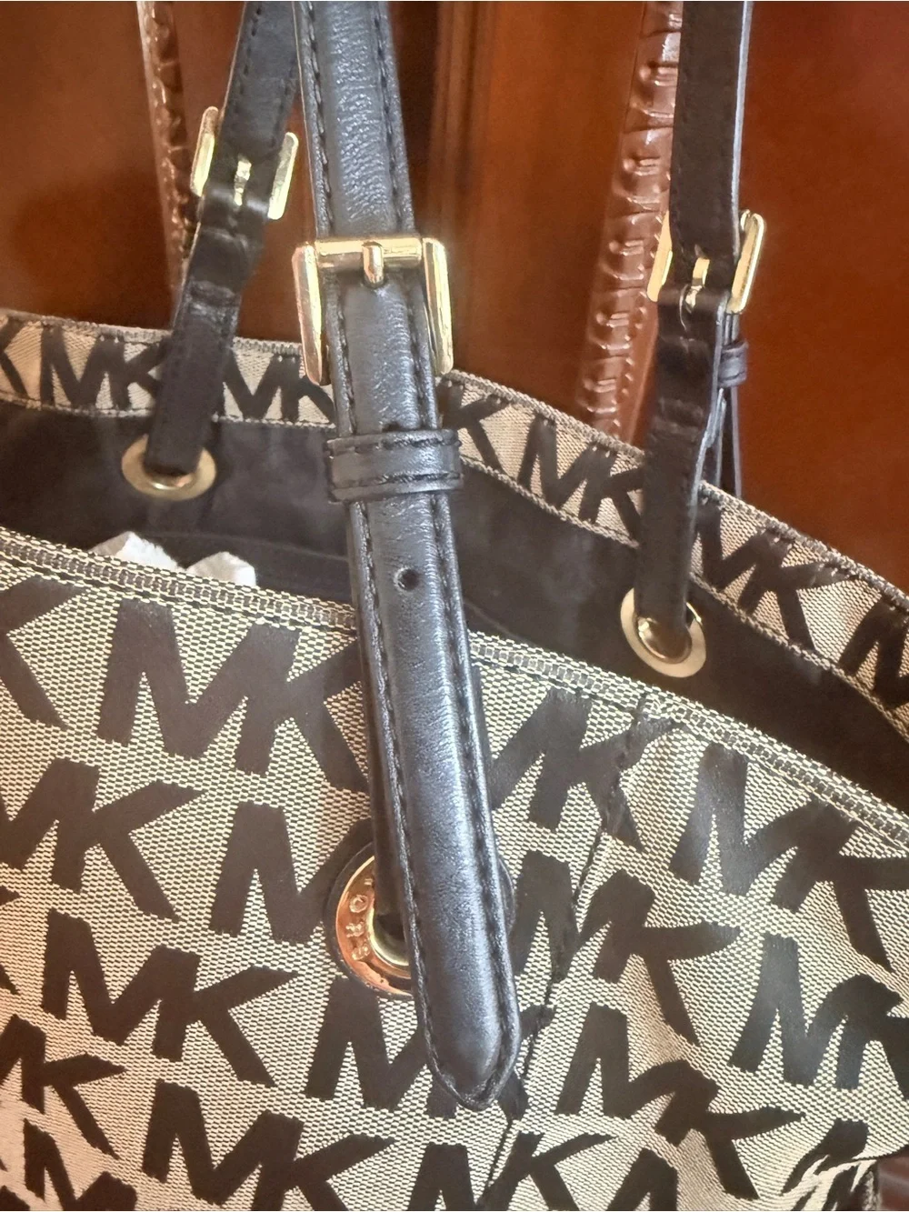 Michael Kors Jet Set Logo Tote canvas Beige & Brown MK Leather straps Good cond.